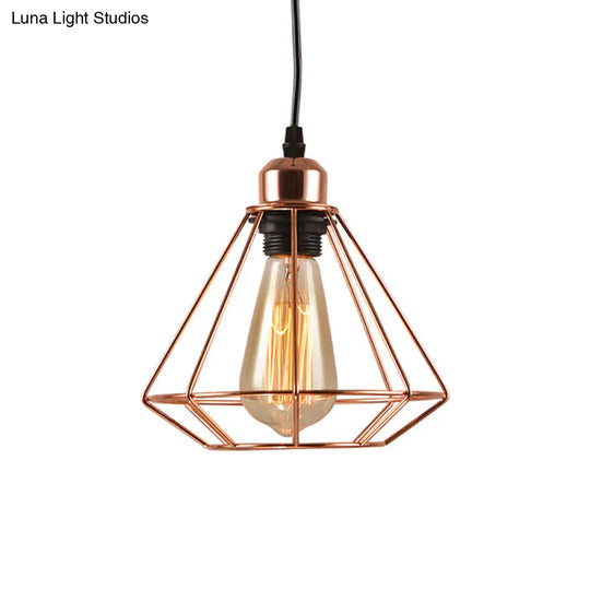 Rose Gold Iron Diamond Cage Pendant Lamp - Industrial Ceiling Light With 1-Bulb