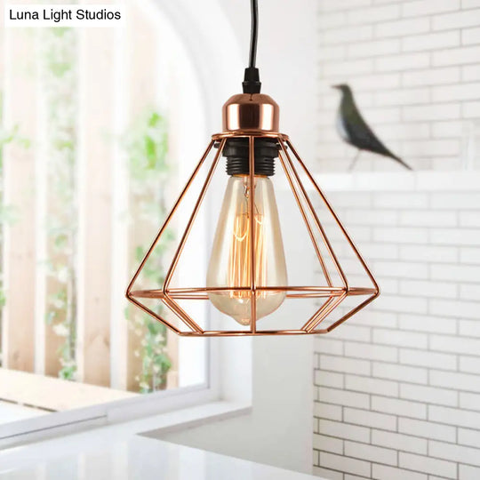 Rose Gold Diamond Cage Industrial Pendant Lamp - Iron Suspension Light 1-Bulb Ceiling Fixture