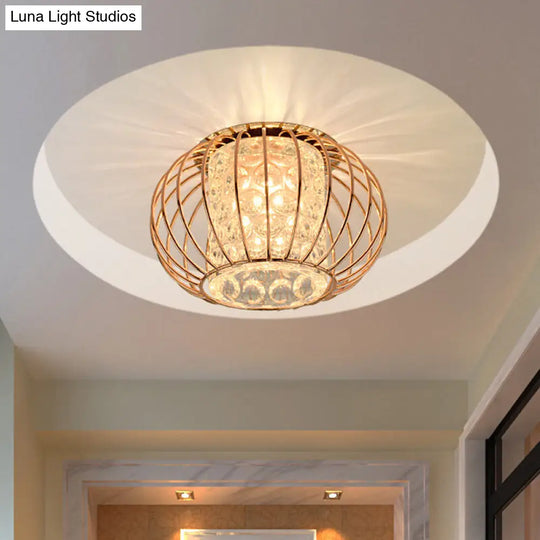Rose Gold Lantern Cage Led Flushmount Ceiling Light: Cylindrical Bubble Crystal For Simple Corridors