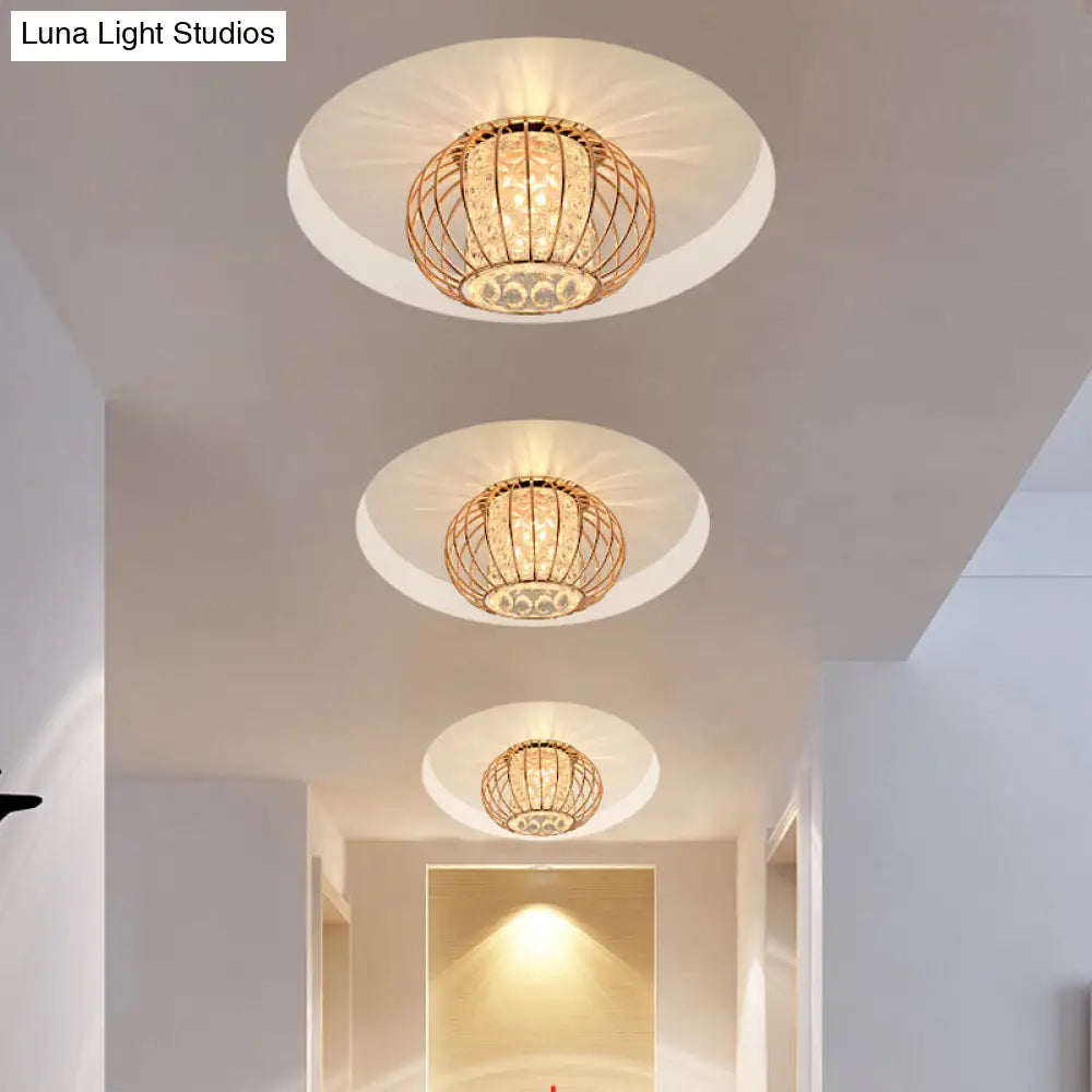 Rose Gold Lantern Cage Led Flushmount Ceiling Light: Cylindrical Bubble Crystal For Simple Corridors