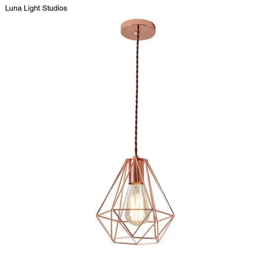 Rose Gold Pendant Lamp - Flared/Diamond Cage Industrial Ceiling Hang Light Bedroom Lighting