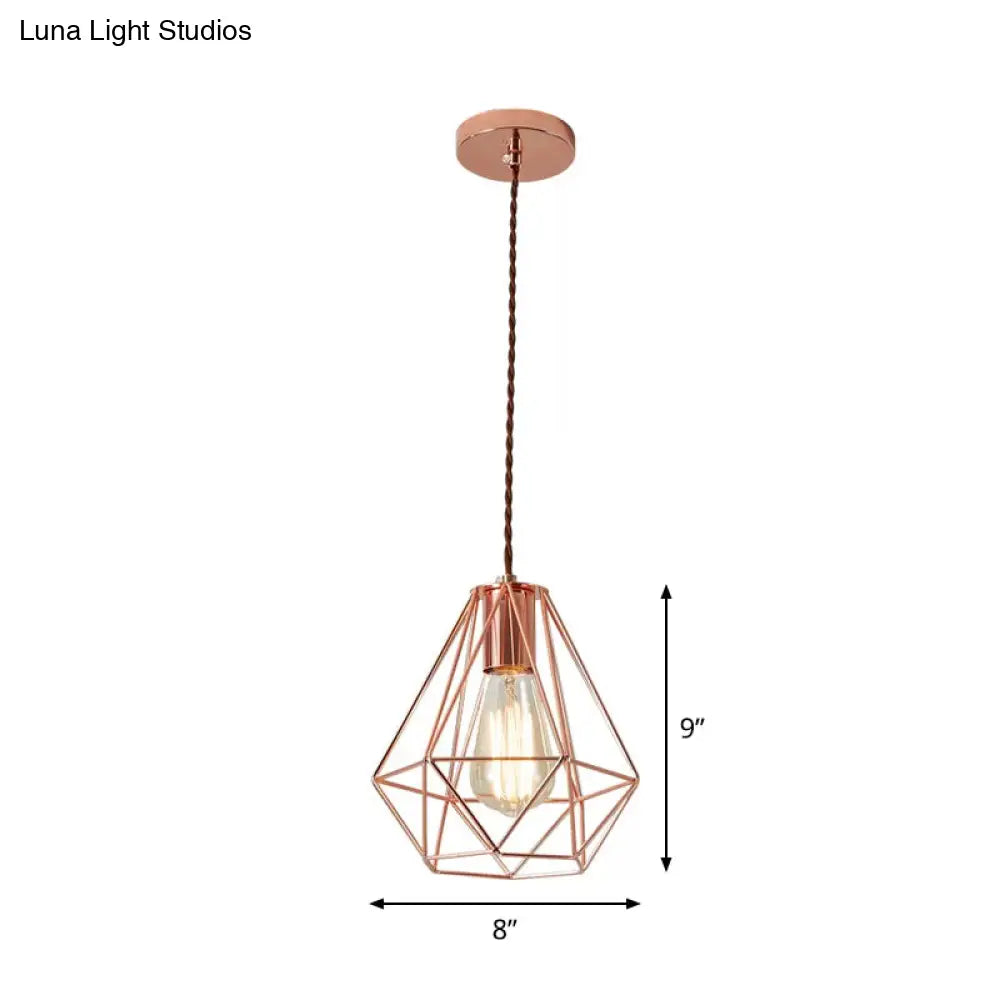 Rose Gold Pendant Lamp - Flared/Diamond Cage Industrial Ceiling Hang Light Bedroom Lighting