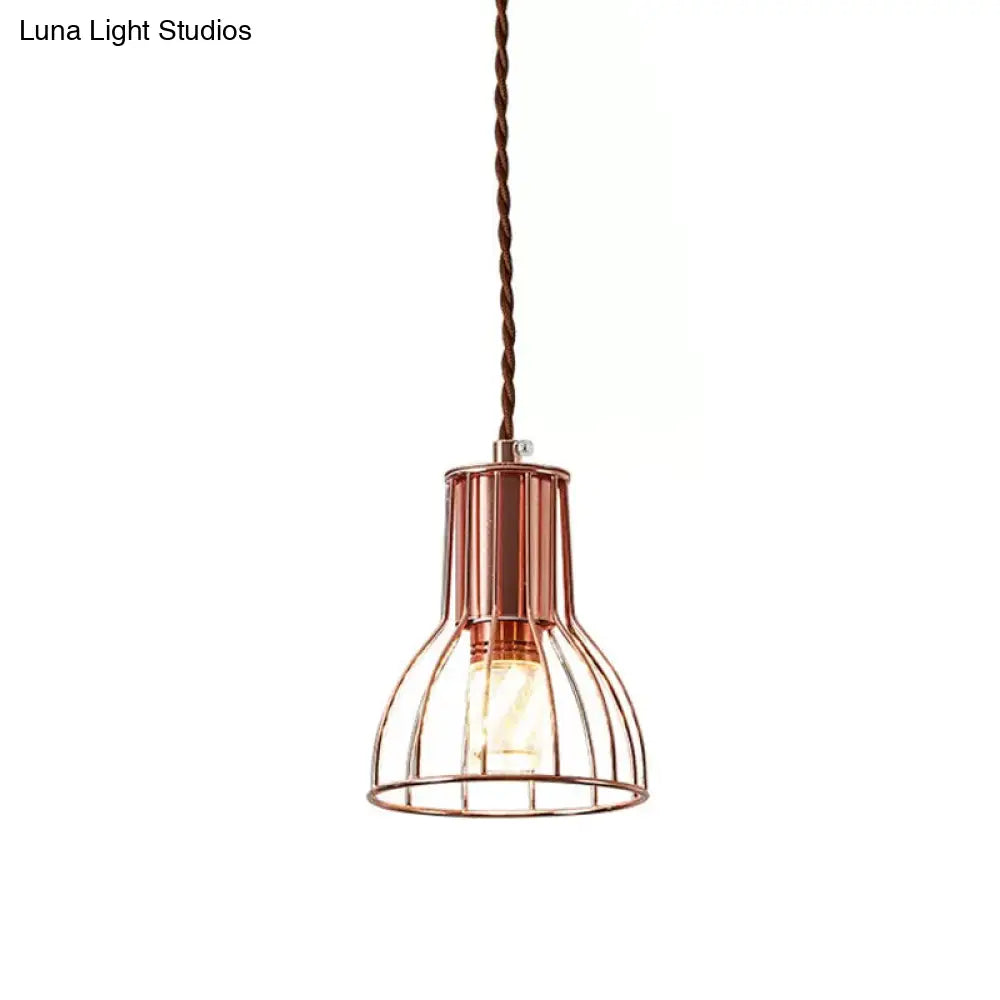 Industrial Rose Gold Pendant Lamp For Bedroom - Flared/Diamond Cage / Flared