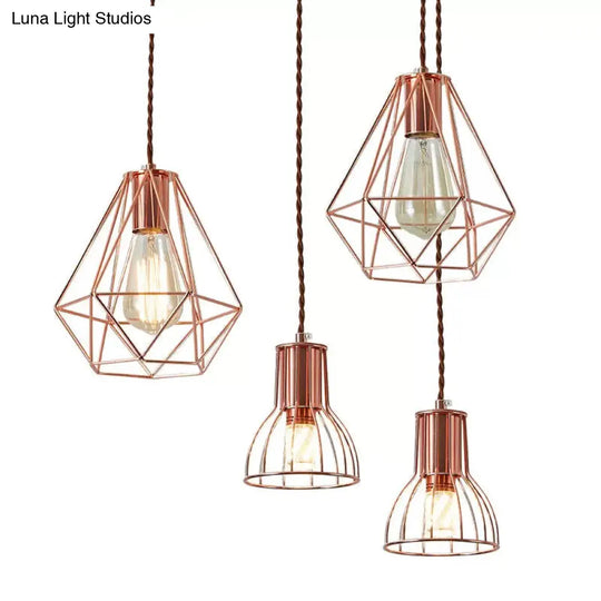 Industrial Rose Gold Pendant Lamp For Bedroom - Flared/Diamond Cage