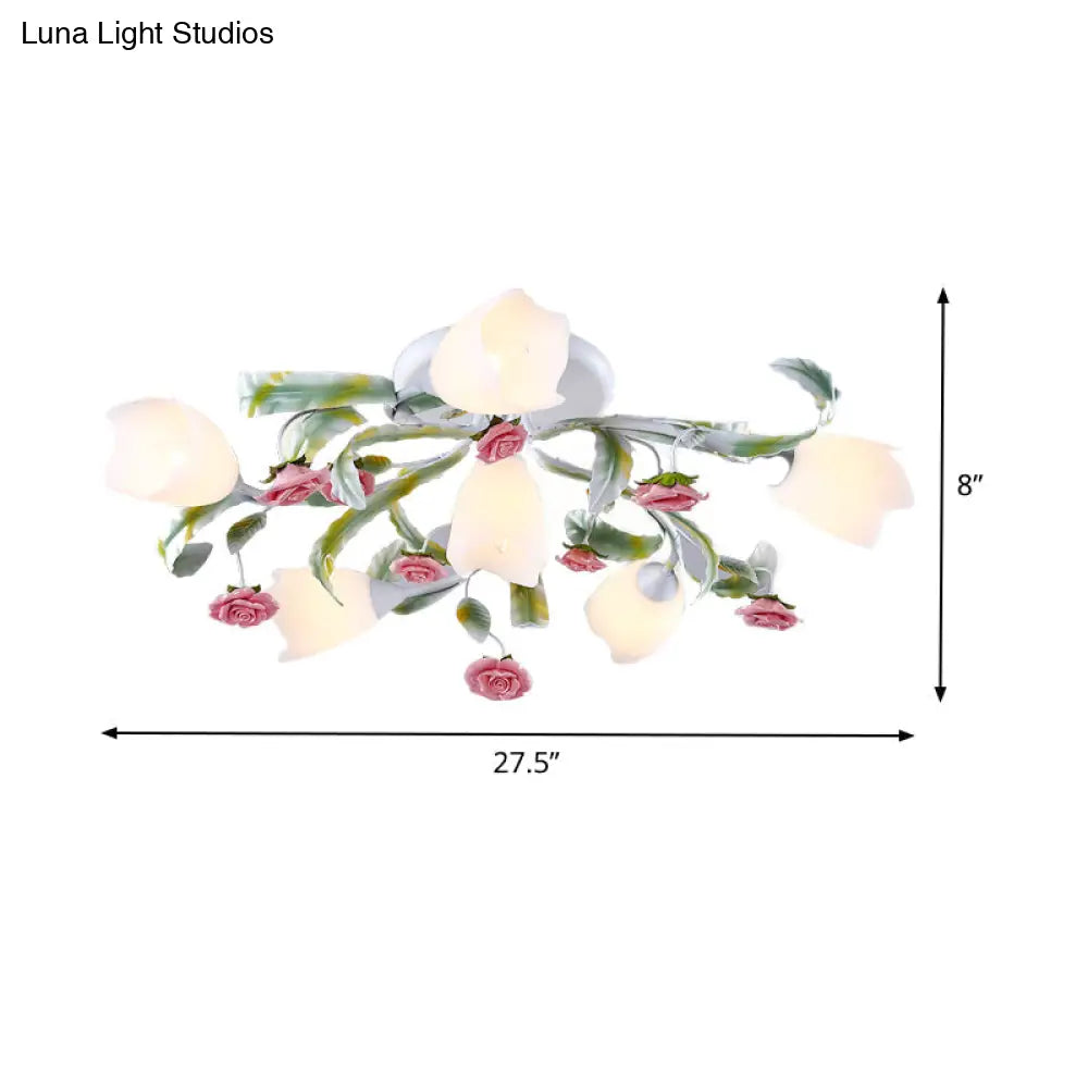 Rose Living Room Semi-Flush Mount Pastoral Ceiling Lamp - Green/White 4/6/9 Heads