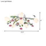 Rose Living Room Semi-Flush Mount Pastoral Ceiling Lamp - Green/White 4/6/9 Heads