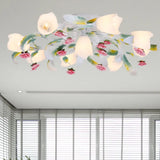 Rose Living Room Semi-Flush Mount Pastoral Ceiling Lamp - Green/White 4/6/9 Heads 9 / Green-White