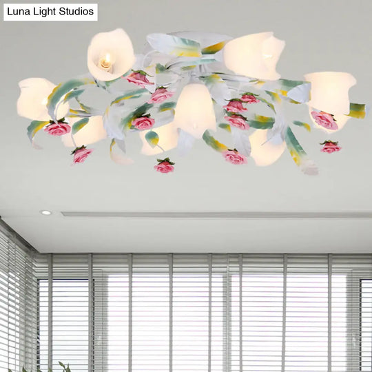 Rose Living Room Semi-Flush Mount Pastoral Ceiling Lamp - Green/White 4/6/9 Heads 9 / Green-White