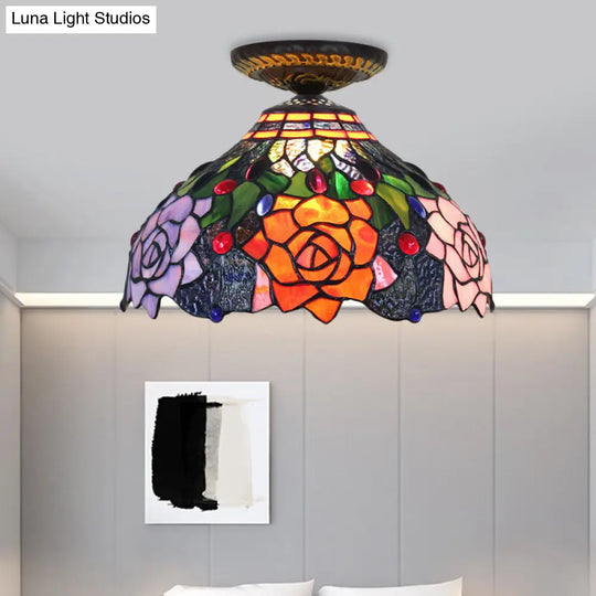 Rose Metal Tiffany Flush Mount Ceiling Light Fixture - Brass Finish 12/16 Diameter / 12