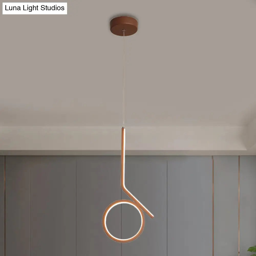 Round And Bent Linear Pendant Metallic Led Ceiling Fixture - Modernism Design In Brown Warm/White