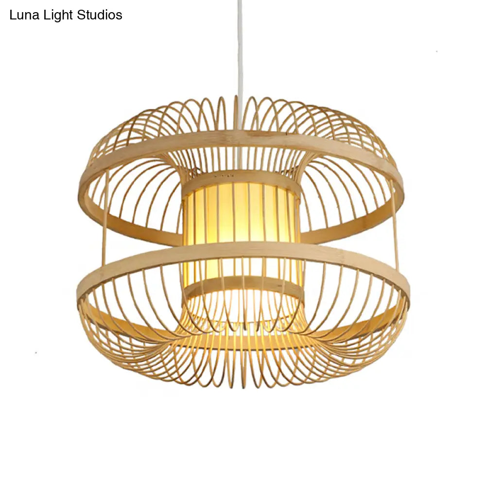 Round Bamboo Pendant Light Fixture With Cylinder Parchment Shade - Modern Wood Design 1 Bulb Hanging