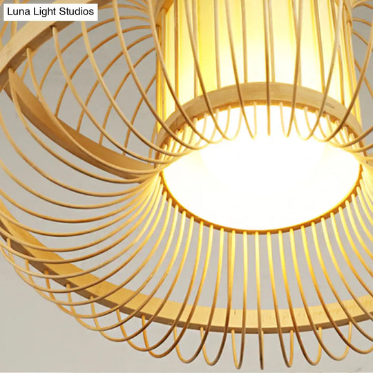 Round Bamboo Pendant Light Fixture With Cylinder Parchment Shade - Modern Wood Design 1 Bulb Hanging