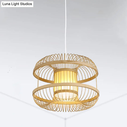 Round Bamboo Pendant Light Fixture With Cylinder Parchment Shade - Modern Wood Design 1 Bulb Hanging