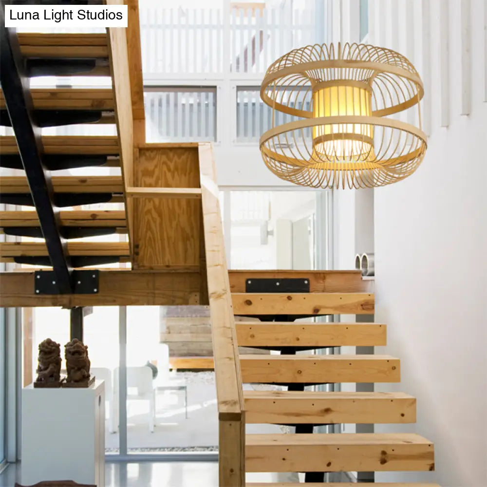 Round Bamboo Pendant Light Fixture With Cylinder Parchment Shade - Modern Wood Design 1 Bulb Hanging