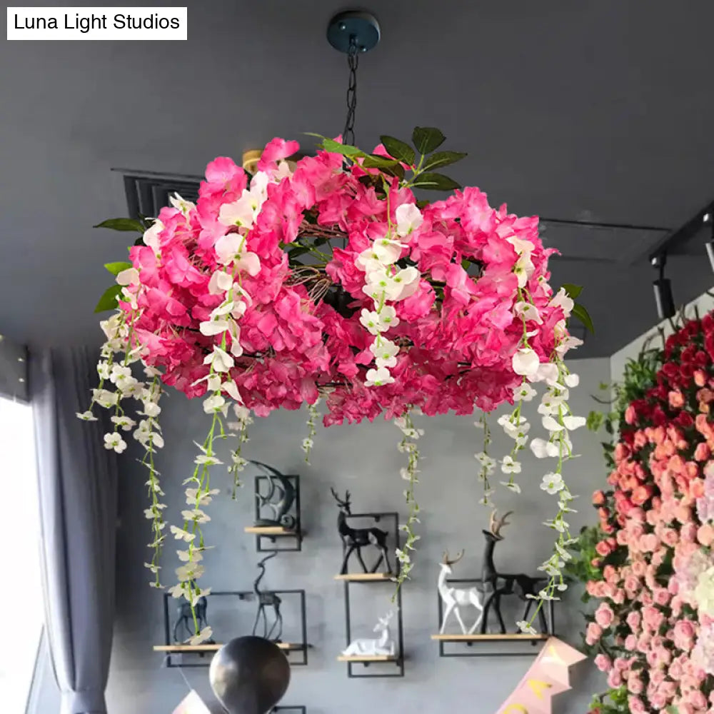 Round Cage Pendant Lamp With Floral Accents - Rustic Metal Chandelier 3 Lights