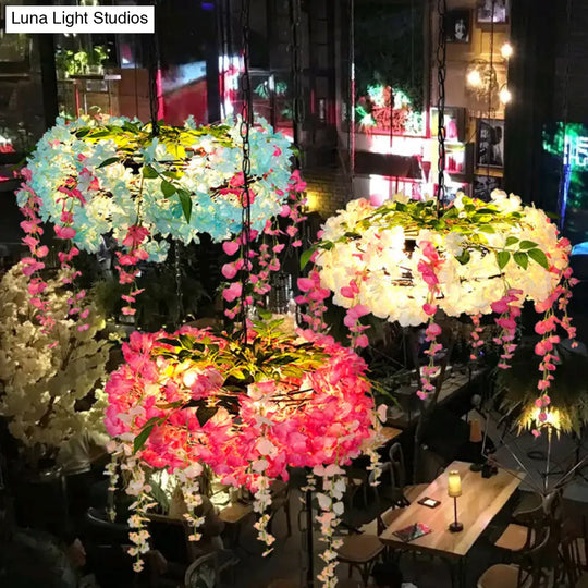 Metal Cage Pendant Lamp With 3 Lights And Floral Accents - Rural Chandelier
