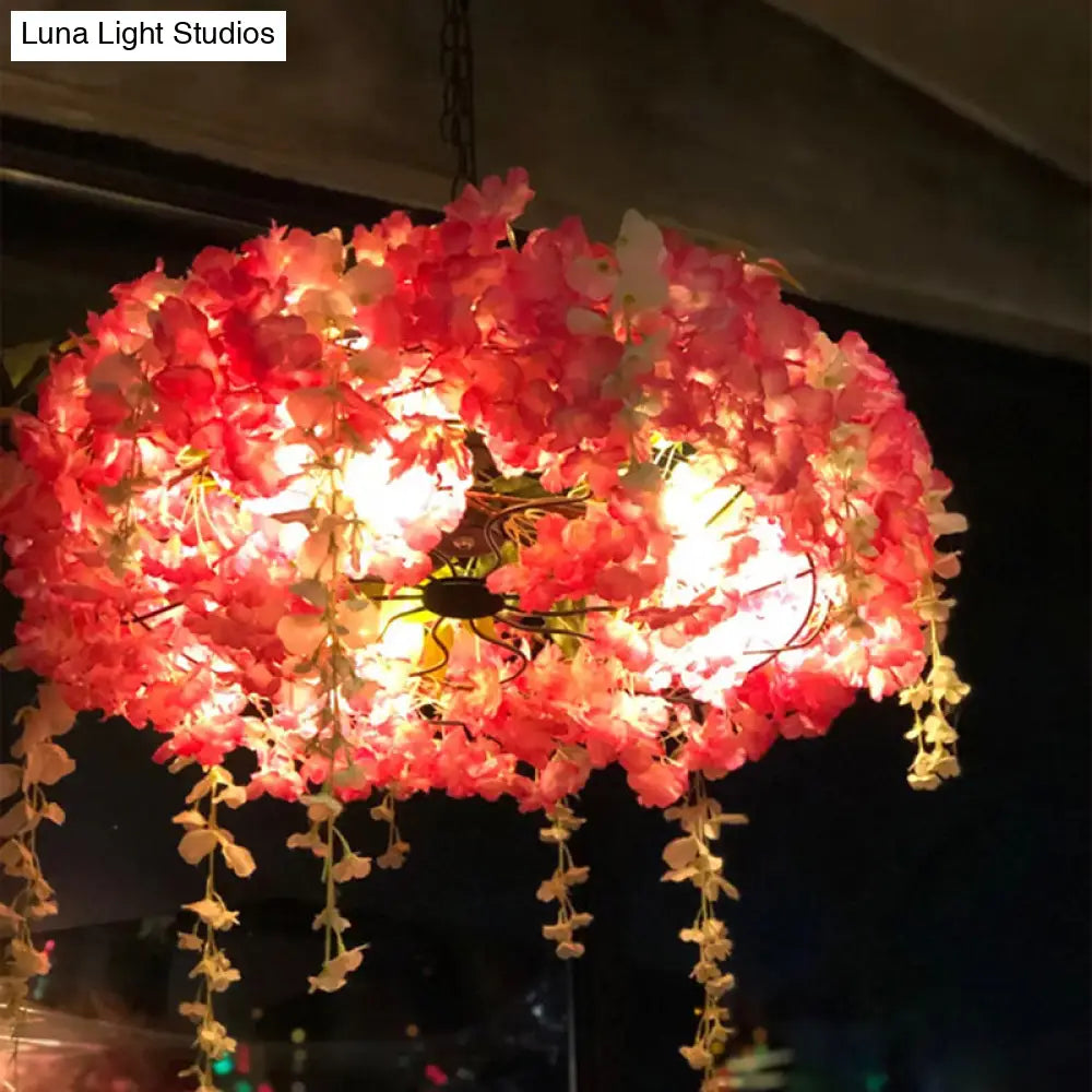 Round Cage Pendant Lamp With Floral Accents - Rustic Metal Chandelier 3 Lights