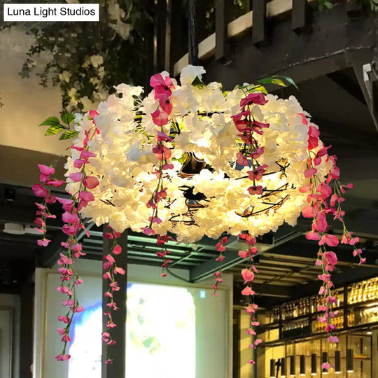 Metal Cage Pendant Lamp With 3 Lights And Floral Accents - Rural Chandelier