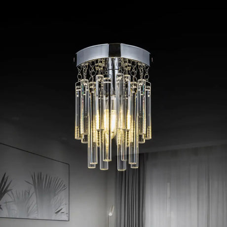 Round Chrome Crystal Bar Flush Mount Ceiling Light - Bare Bulb Flushmount