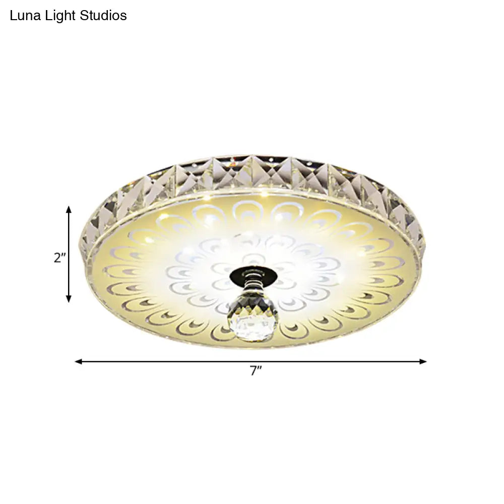 Round Flush Mount Led Crystal Ceiling Light In White With Peacock Tail Pattern - Warm/White