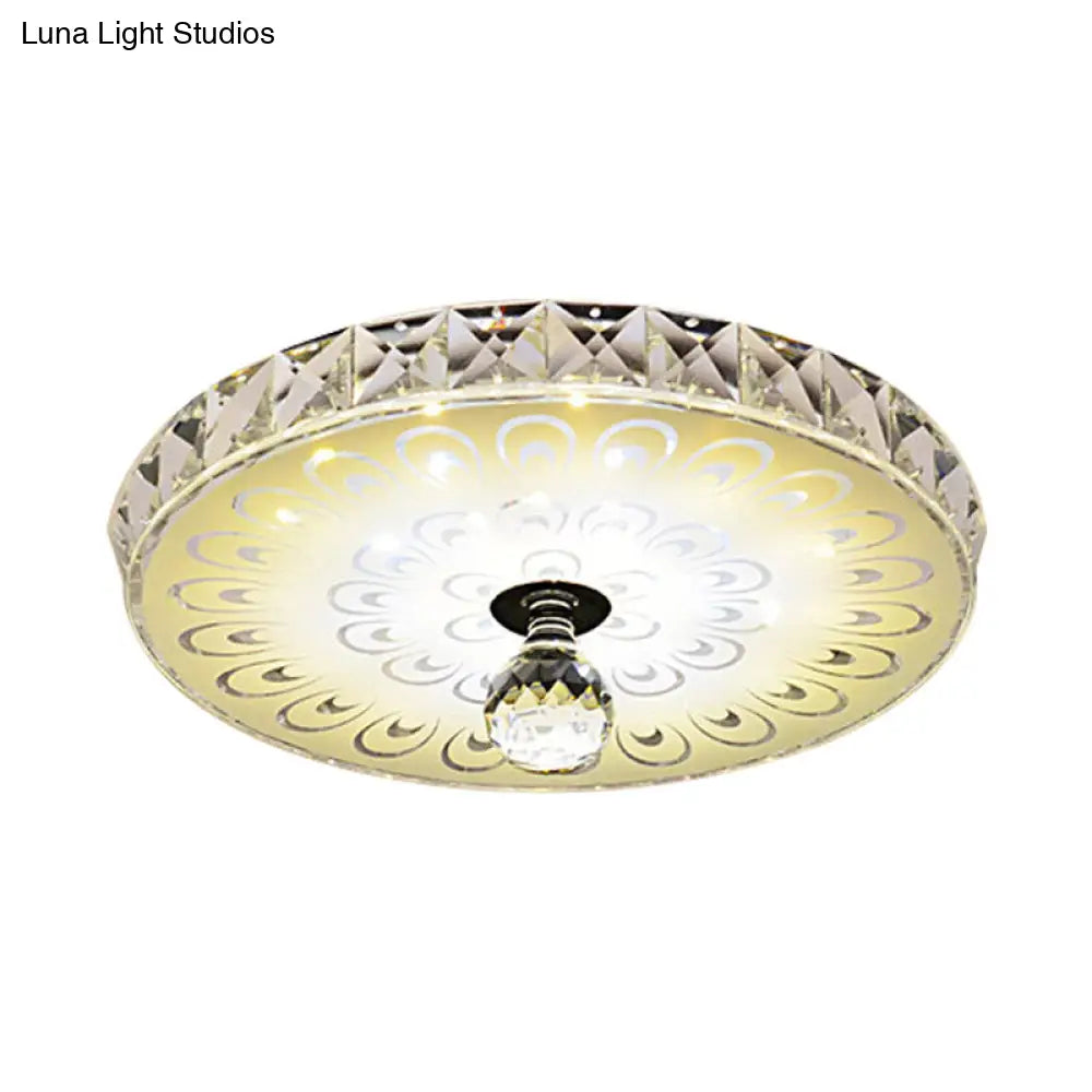 Round Flush Mount Led Crystal Ceiling Light In White With Peacock Tail Pattern - Warm/White