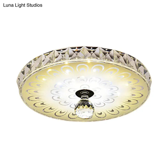 Round Flush Mount Led Crystal Ceiling Light In White With Peacock Tail Pattern - Warm/White