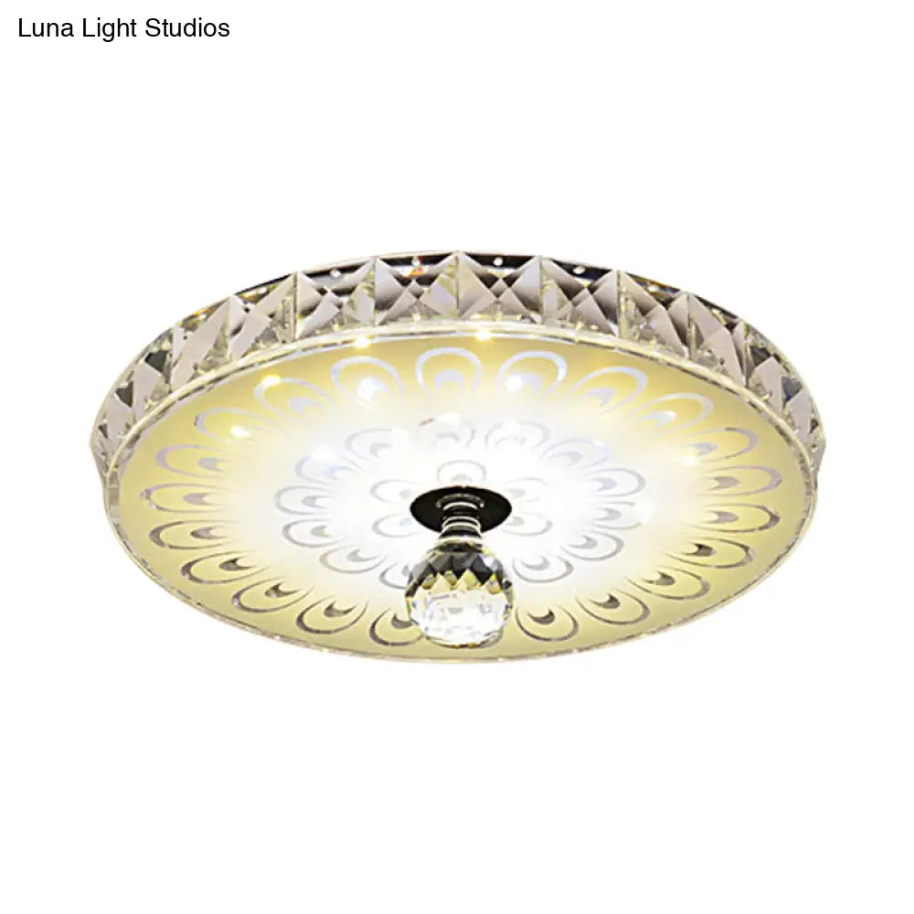 Round Flush Mount Led Crystal Ceiling Light In White With Peacock Tail Pattern - Warm/White