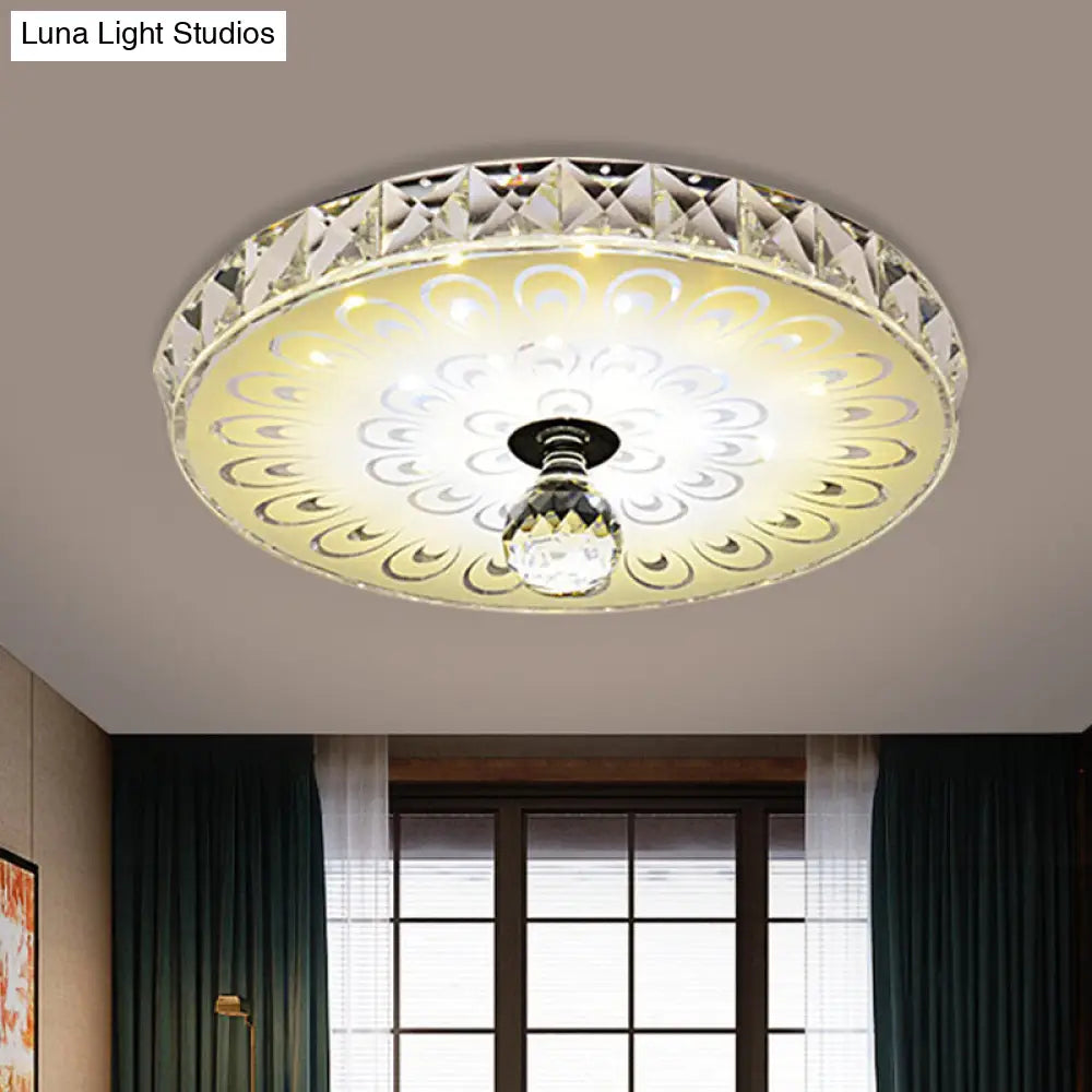 Round Flush Mount Led Crystal Ceiling Light In White With Peacock Tail Pattern - Warm/White /