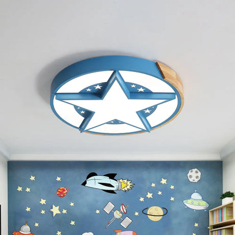 Round Metal Led Macaron Flush Mount Ceiling Light In White/Pink/Blue And Wood For Star - Themed