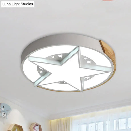 Round Metal Led Macaron Flush Mount Ceiling Light In White/Pink/Blue And Wood For Star - Themed