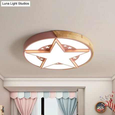 Round Metal Led Macaron Flush Mount Ceiling Light In White/Pink/Blue And Wood For Star - Themed