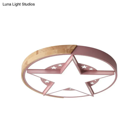 Round Metal Led Macaron Flush Mount Ceiling Light In White/Pink/Blue And Wood For Star - Themed
