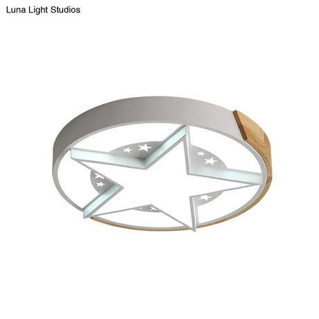 Round Metal Led Macaron Flush Mount Ceiling Light In White/Pink/Blue And Wood For Star - Themed