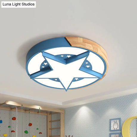 Round Metal Led Macaron Flush Mount Ceiling Light In White/Pink/Blue And Wood For Star - Themed