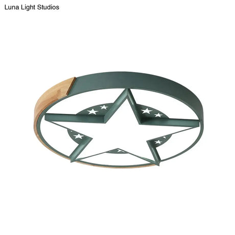 Round Metal Led Macaron Flush Mount Ceiling Light In White/Pink/Blue And Wood For Star - Themed