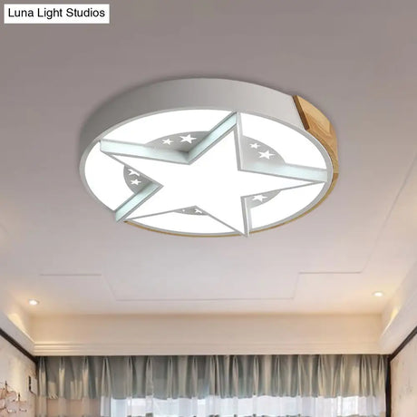 Round Metal Led Macaron Flush Mount Ceiling Light In White/Pink/Blue And Wood For Star - Themed