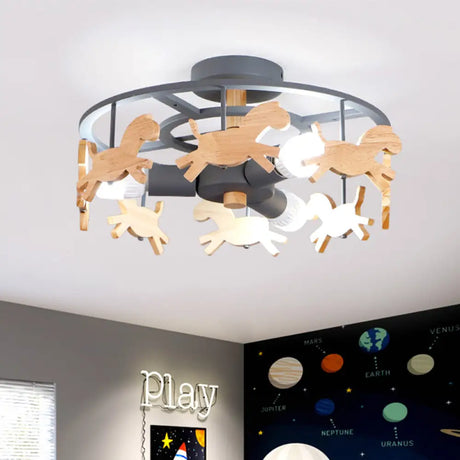 Round Semi - Flush Ceiling Light Macaroon 3 - Bulb Grey/White/Green - Wooden Horse Design Grey