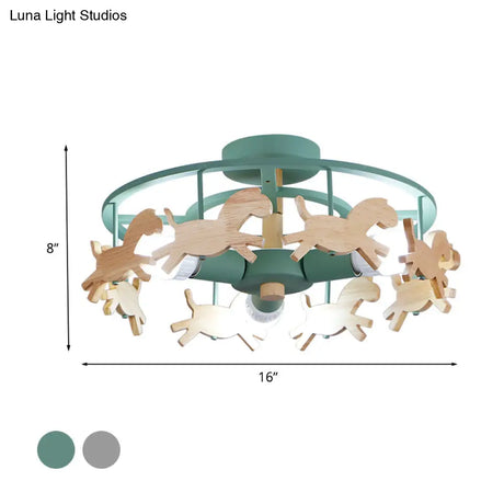 Round Semi - Flush Ceiling Light Macaroon 3 - Bulb Grey/White/Green - Wooden Horse Design