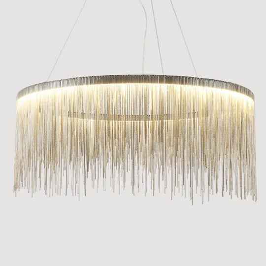 Round Silver Tassel Chain Pendant Lamp - Modern Metal Ceiling Chandelier / 16’ Warm