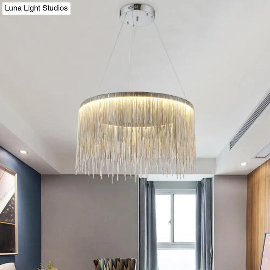 Round Silver Tassel Chain Pendant Lamp - Modern Metal Ceiling Chandelier