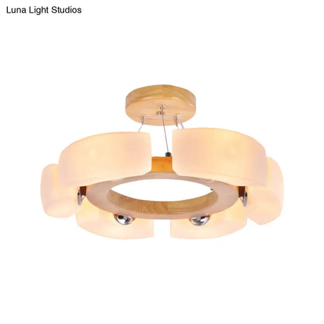 Round Wooden Flush Mount Ceiling Light With 4/6 Lights In Warm/White Modern Style