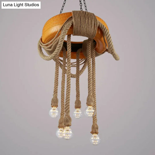 6-Head Tire Hanging Lamp Kit With Hemp Rope For Dining Room Chandelier