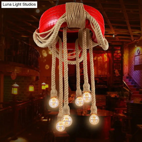 Rubber Warehouse 6-Head Tire Lamp With Hemp Rope - Red/Blue/Yellow Chandelier Pendant For Dining