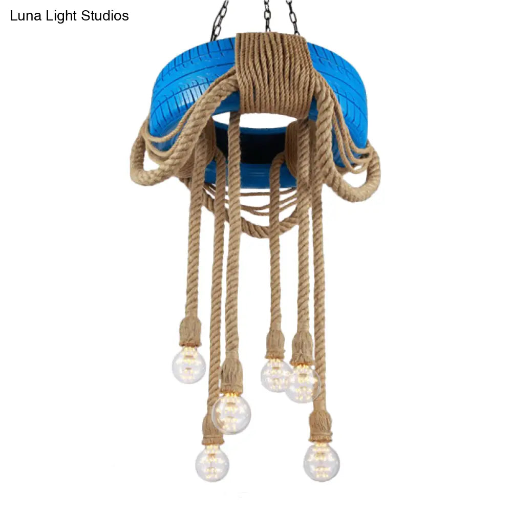 Rubber Warehouse 6-Head Tire Lamp With Hemp Rope - Red/Blue/Yellow Chandelier Pendant For Dining
