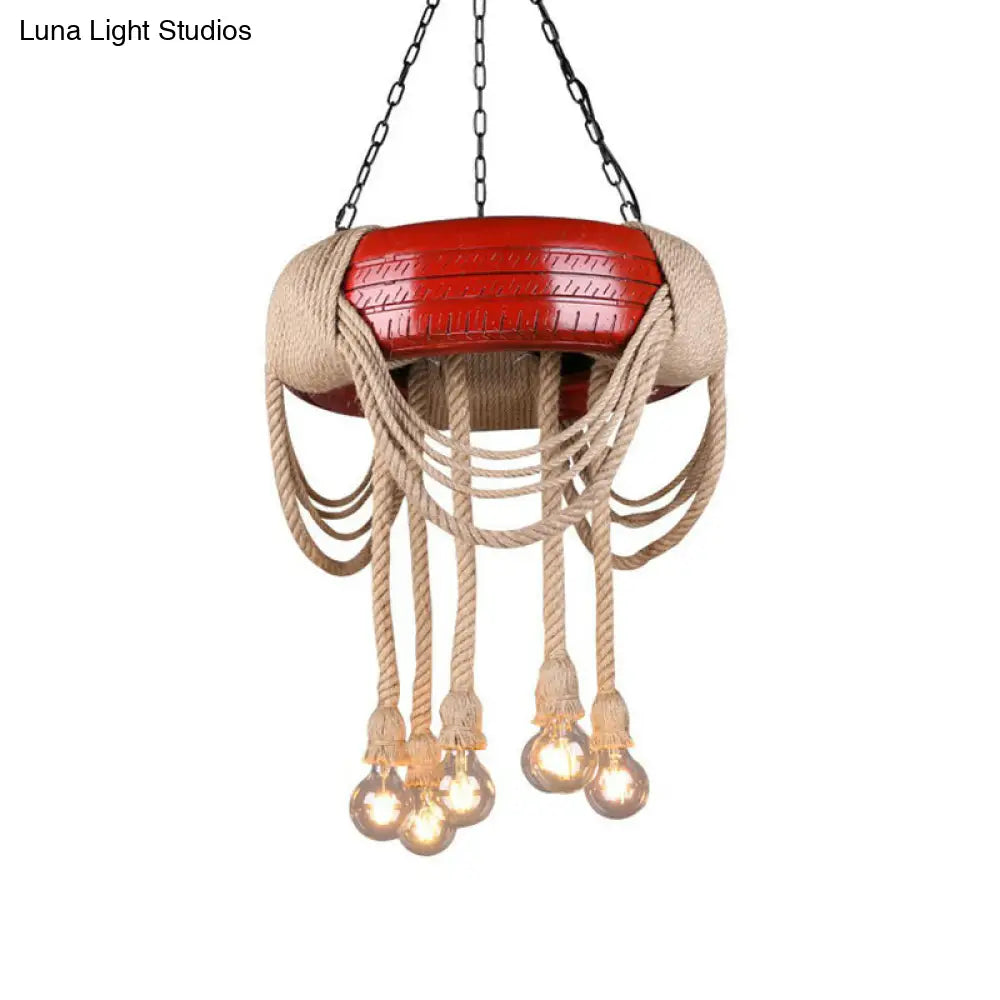 Rubber Warehouse 6-Head Tire Lamp With Hemp Rope - Red/Blue/Yellow Chandelier Pendant For Dining