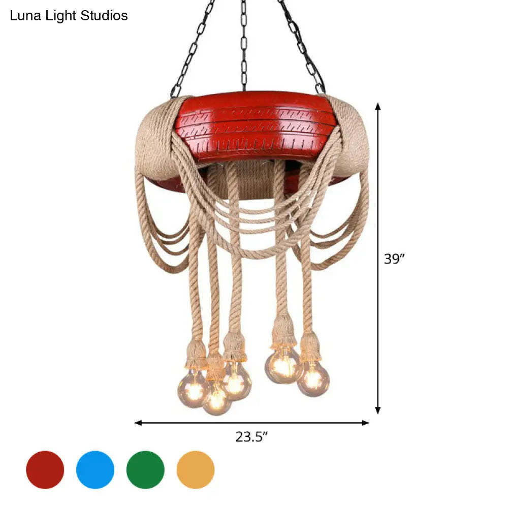 6-Head Tire Hanging Lamp Kit With Hemp Rope For Dining Room Chandelier