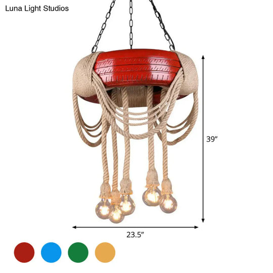6-Head Tire Hanging Lamp Kit With Hemp Rope For Dining Room Chandelier