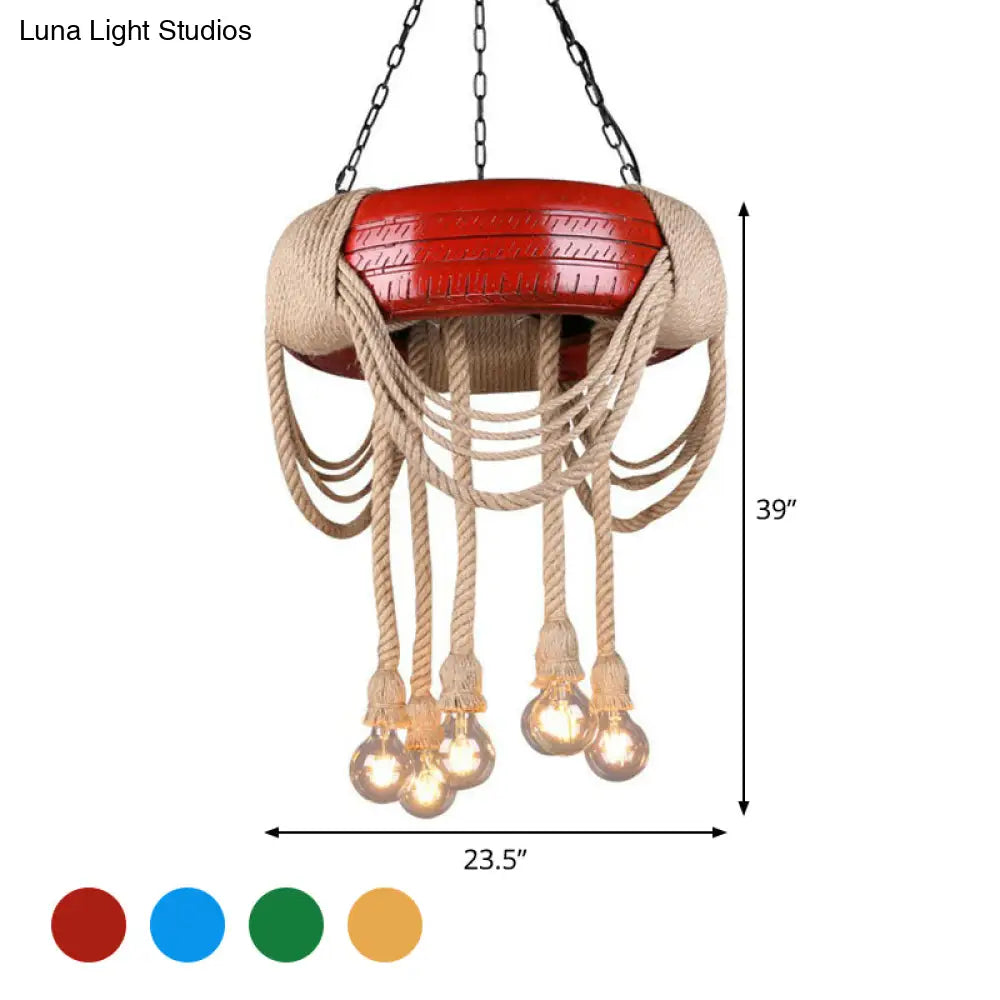 Rubber Warehouse 6-Head Tire Lamp With Hemp Rope - Red/Blue/Yellow Chandelier Pendant For Dining