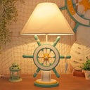 Rudder Wood Table Lamp - Cartoon 1 Head Pink/Green Nightstand For Bedroom With Fabric Cone Shade