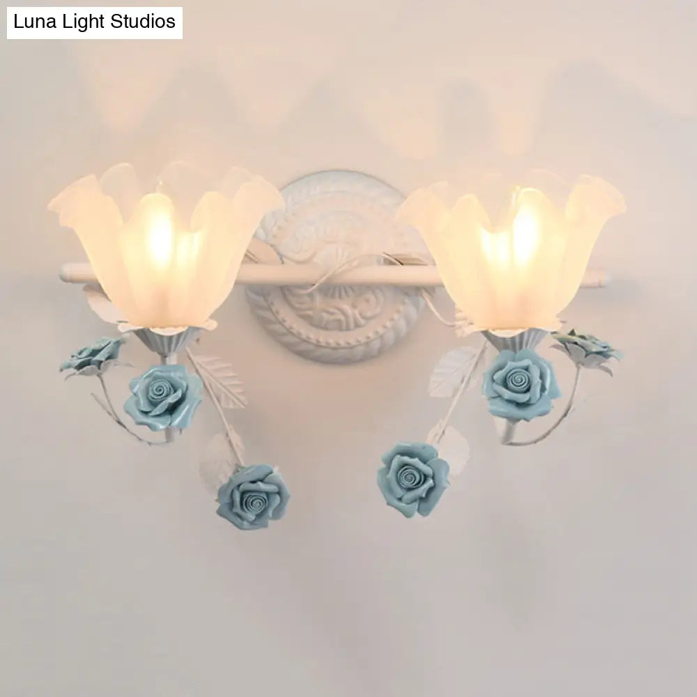 Ruffle Bathroom Wall Mount Light - American Flower Frosted Glass 2/3-Head Vanity Sconce Pink/Blue